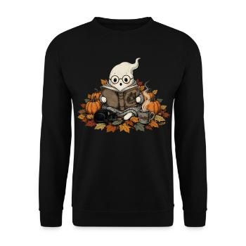 Lesendes Gespenst Halloween Geschenk  - Unisex Pullover - Schwarz - Vorne - Alina (178cm) & Michal (187cm)