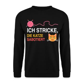 Ich stricke, die Katze sabotiert – Strick Spruch - Unisex Pullover - Schwarz - Vorne - Alina (178cm) & Michal (187cm)