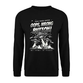 Gaming Ufo Shirt - Oops Wrong Button Grafik - Unisex Pullover - Schwarz - Vorne - Alina (178cm) & Michal (187cm)