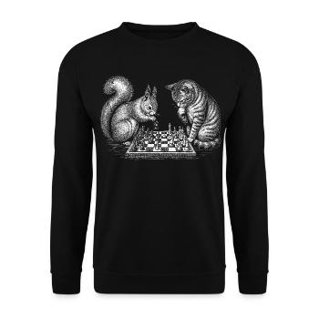Ein Eichhörnchen und eine Katze spielen Schach - Unisex Pullover - Schwarz - Vorne - Alina (178cm) & Michal (187cm)