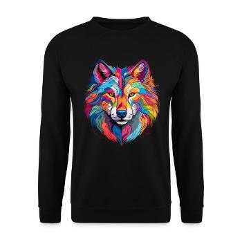 Bunter Wolf – farbiges Tiermotiv - Unisex Pullover - Schwarz - Vorne - Alina (178cm) & Michal (187cm)