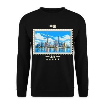 China Shanghai Vintage Reisemarke - Unisex Pullover - Schwarz - Vorne - Alina (178cm) & Michal (187cm)