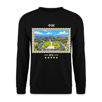 China Xi'an Vintage Reisemarke - Unisex Pullover - Schwarz - Vorne - Alina (178cm) & Michal (187cm)