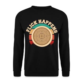 Flick Happens – Crokinole Spieler Retro Design - Unisex Pullover - Schwarz - Vorne - Alina (178cm) & Michal (187cm)