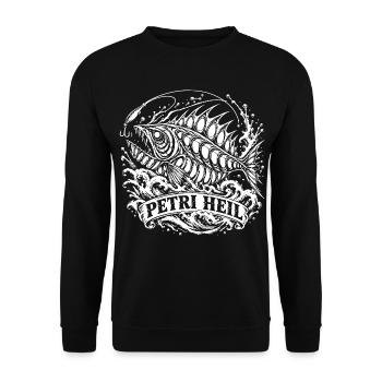 Petri Heil. Monsterfisch aus der Tiefsee. - Unisex Pullover - Schwarz - Vorne - Alina (178cm) & Michal (187cm)