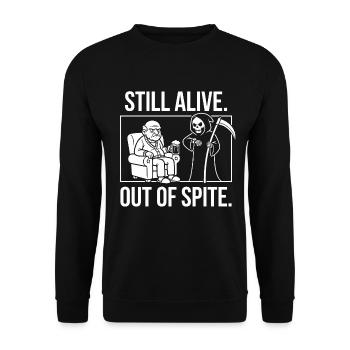 Noch am Leben aus Trotzkraft – Grummeliger alter Mann vs. grimmiger - Unisex Pullover - Schwarz - Vorne - Alina (178cm) & Michal (187cm)
