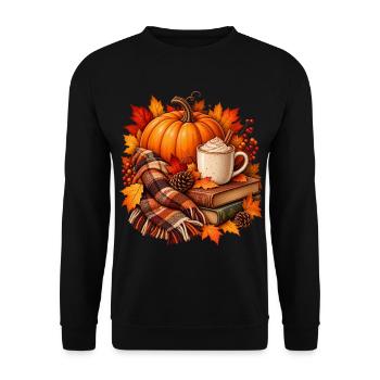 Herbstliche gemütliche Kürbis-Latte-Szene - Unisex Pullover - Schwarz - Vorne - Alina (178cm) & Michal (187cm)