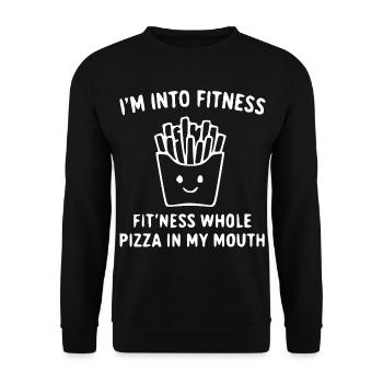 Pizza Fitness Spruch – Pommes Emoji - Unisex Pullover - Schwarz - Vorne - Alina (178cm) & Michal (187cm)