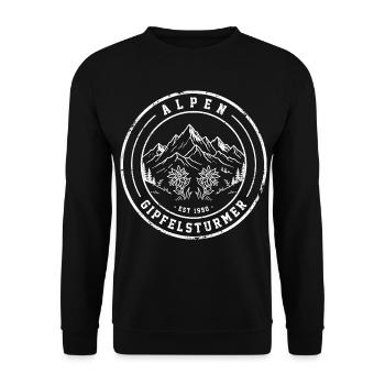 ✿ Alpen Vintage – Bergblumen und Berglandschaft 2 - Unisex Pullover - Schwarz - Vorne - Alina (178cm) & Michal (187cm)