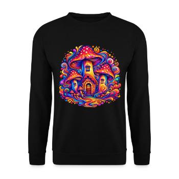 Psychedelisches Pilzhaus – Magische Fantasy Welt - Unisex Pullover - Schwarz - Vorne - Alina (178cm) & Michal (187cm)