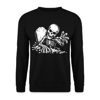 Halloween Skelett Grabstein - Unisex Pullover - Schwarz - Vorne - Alina (178cm) & Michal (187cm)