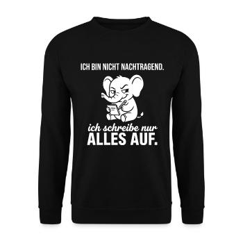 Ich bin nicht nachtragend - Elefant mit Notizbuch - Unisex Pullover - Schwarz - Vorne - Alina (178cm) & Michal (187cm)