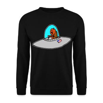 Halloween-Kürbis im Weltall Raumschiff - Unisex Pullover - Schwarz - Vorne - Alina (178cm) & Michal (187cm)