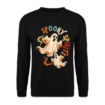 Spooky Spirits 70er Retro-Halloween-Geister - Unisex Pullover - Schwarz - Vorne - Alina (178cm) & Michal (187cm)