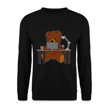 Niedlicher Teddybär am Schreibtisch im Büro - Unisex Pullover - Schwarz - Vorne - Alina (178cm) & Michal (187cm)
