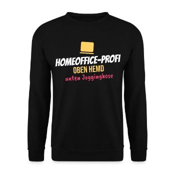Homeoffice-Profi – Oben Hemd, unten Jogginghose - Unisex Pullover - Schwarz - Vorne - Alina (178cm) & Michal (187cm)