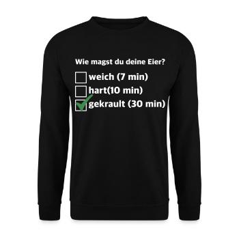 Wie magst du deine Eier? – Lustiger Spruch - Unisex Pullover - Schwarz - Vorne - Alina (178cm) & Michal (187cm)