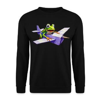 Crazy Frosch-Pilot auf Papierflieger - Unisex Pullover - Schwarz - Vorne - Alina (178cm) & Michal (187cm)