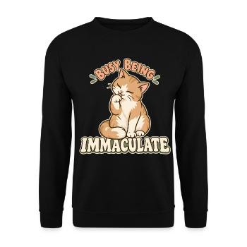 Katze bei der gründlichen Pfotenwäsche - Unisex Pullover - Schwarz - Vorne - Alina (178cm) & Michal (187cm)