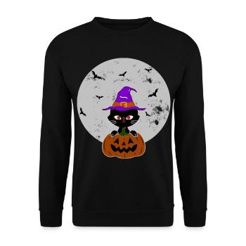 Halloween Katze Kürbis Hexenhut - Unisex Pullover - Schwarz - Vorne - Alina (178cm) & Michal (187cm)