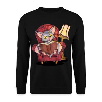Niedliche Lesende Fledermaus mit Buch im Sessel - Unisex Pullover - Schwarz - Vorne - Alina (178cm) & Michal (187cm)