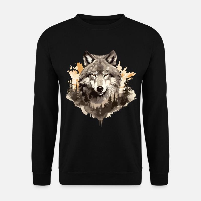 Wolf Wolfskopf Natur Wildnis Wald Bäume Kunst - Unisex Pullover - Schwarz