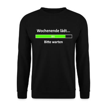 Wochenende lädt, Spruch, Ladebalken weiß - Unisex Pullover - Schwarz - Vorne - Alina (178cm) & Michal (187cm)