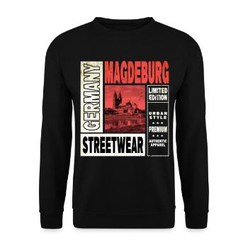 Magdeburg Deutschland Stadt Skyline Heimat Liebe - Unisex Pullover - Schwarz - Vorne - Alina (178cm) & Michal (187cm)