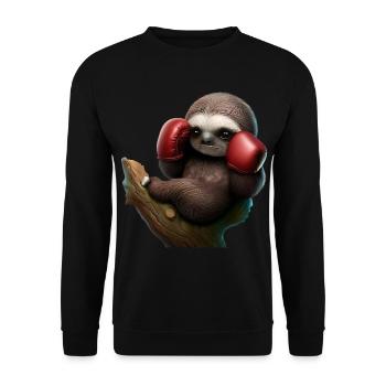 Boxendes Faultier auf Baum - Unisex Pullover - Schwarz - Vorne - Alina (178cm) & Michal (187cm)