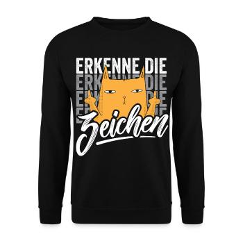 Erkenne die Zeichen Katze - Unisex Pullover - Schwarz - Vorne - Alina (178cm) & Michal (187cm)