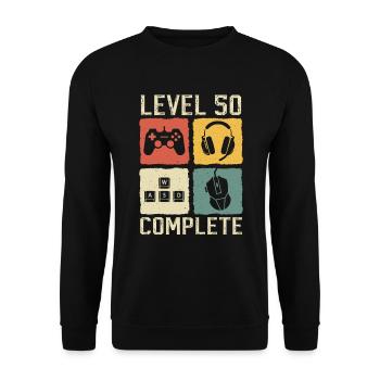 Level 50 Komplettes Gamer-Geschenk zum 50. Geburtstag - Unisex Pullover - Schwarz - Vorne - Alina (178cm) & Michal (187cm)