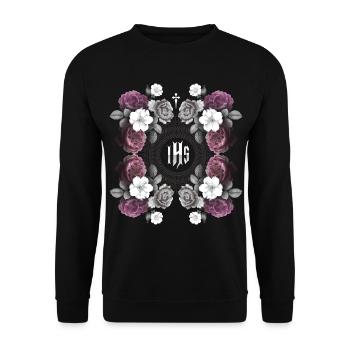 Motif Jésus, Jésus-Christ IHS avec des roses vintage - Sweat-shirt Unisexe - noir - Devant - Alina (178cm) & Michal (187cm)