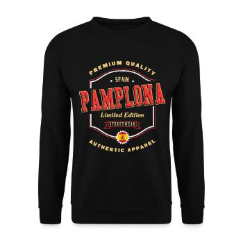 Pamplona Spanien Stadt Schrift Vintage Retro - Unisex Pullover - Schwarz - Vorne - Alina (178cm) & Michal (187cm)