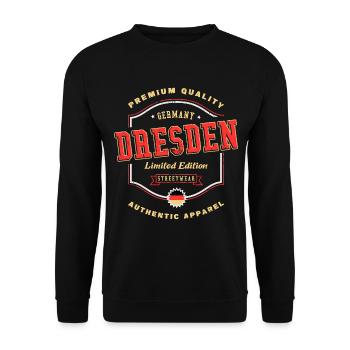 Dresden Deutschland Stadt Schrift Vintage Retro - Unisex Pullover - Schwarz - Vorne - Alina (178cm) & Michal (187cm)