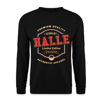 Halle Deutschland Stadt Schrift Vintage Retro - Unisex Pullover - Schwarz - Vorne - Alina (178cm) & Michal (187cm)
