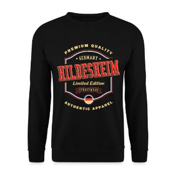 Hildesheim Deutschland Stadt Schrift Vintage Retro - Unisex Pullover - Schwarz - Vorne - Alina (178cm) & Michal (187cm)