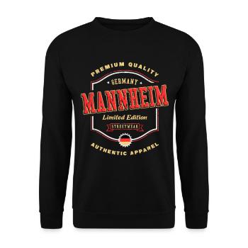 Mannheim Deutschland Stadt Schrift Vintage Retro - Unisex Pullover - Schwarz - Vorne - Alina (178cm) & Michal (187cm)