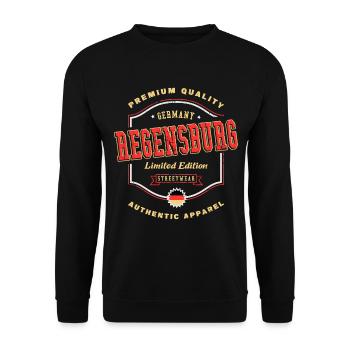 Regensburg Deutschland Stadt Schrift Vintage Retro - Unisex Pullover - Schwarz - Vorne - Alina (178cm) & Michal (187cm)