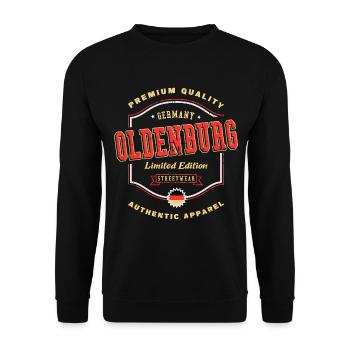 Oldenburg Deutschland Stadt Schrift Vintage Retro - Unisex Pullover - Schwarz - Vorne - Alina (178cm) & Michal (187cm)