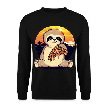 Pizza Faultier im Sonnenuntergang - Unisex Pullover - Schwarz - Vorne - Alina (178cm) & Michal (187cm)