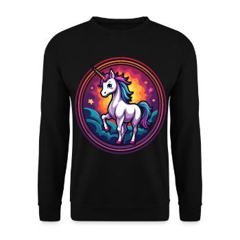 Einhorn mit Sonnenuntergangshimmel – Fantasy Magic Animal Art - Unisex Pullover - Schwarz - Vorne - Alina (178cm) & Michal (187cm)