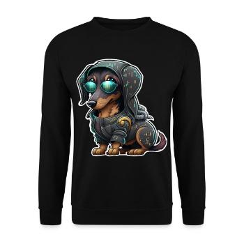 Futuristischer Cyber Dackel - Unisex Pullover - Schwarz - Vorne - Alina (178cm) & Michal (187cm)