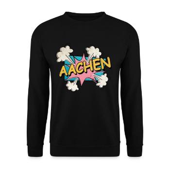 Aachen Deutschland Stadt Schrift Pop Art Comic - Unisex Pullover - Schwarz - Vorne - Alina (178cm) & Michal (187cm)