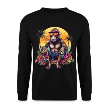 Schimpanse mit Sonnenbrille am Strand mit Palmen - Unisex Pullover - Schwarz - Vorne - Alina (178cm) & Michal (187cm)
