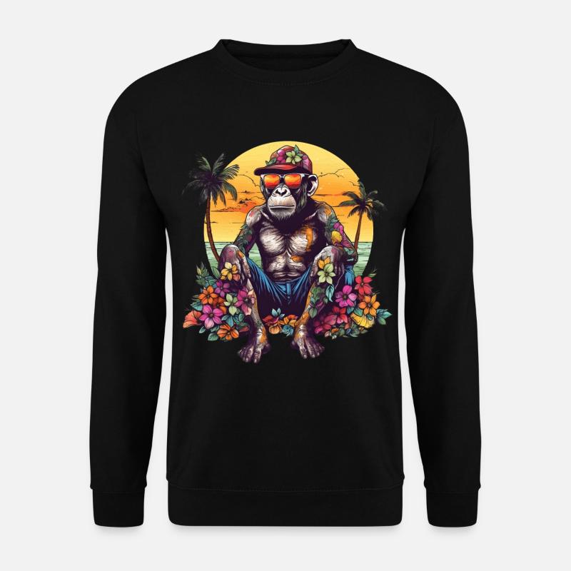 Schimpanse mit Sonnenbrille am Strand mit Palmen - Unisex Pullover - Schwarz
