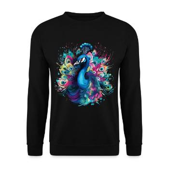 Pfau Pfauenfeder Exotisch Farbenfroh Bunt Kunst - Unisex Pullover - Schwarz - Vorne - Alina (178cm) & Michal (187cm)