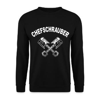 Schrauber Kolben Motor KFZ Mechaniker Chef - Unisex Pullover - Schwarz - Vorne - Alina (178cm) & Michal (187cm)