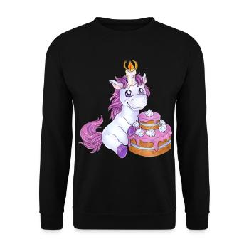 Niedliches Einhorn mit Torte Geburtstag Geschenk - Unisex Pullover - Schwarz - Vorne - Alina (178cm) & Michal (187cm)