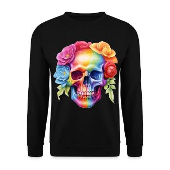 Cooler Totenkopf in Regenbogenfarben - Unisex Pullover - Schwarz - Vorne - Alina (178cm) & Michal (187cm)