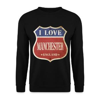 Manchester England UK Stadt I Love Vintage Retro - Unisex Pullover - Schwarz - Vorne - Alina (178cm) & Michal (187cm)